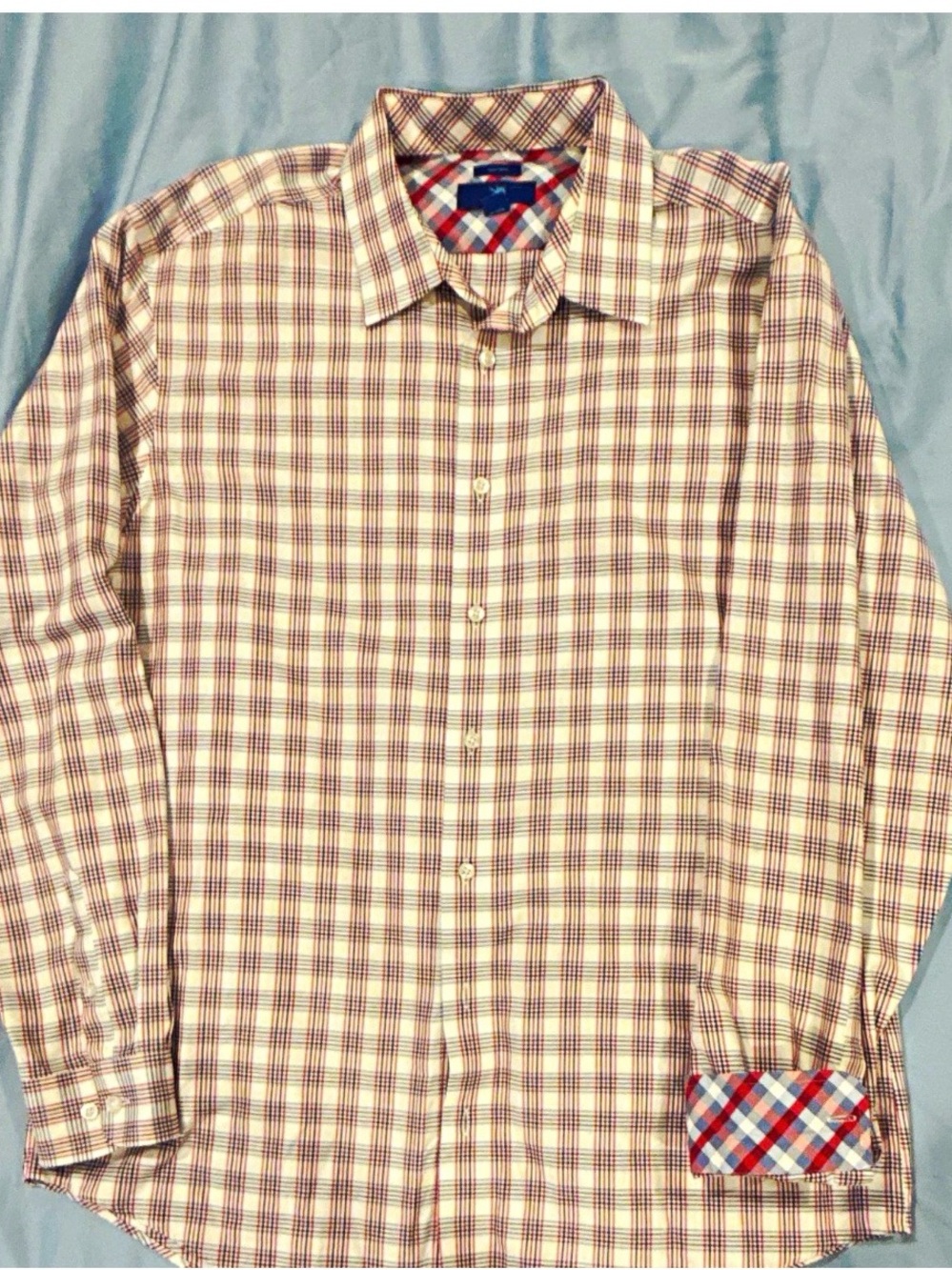 Egara Men's Plaid Dress Shirt in Cream, Red & Navy